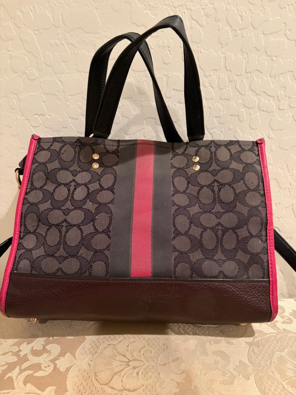 Coach Brown Signature Tote with Pink Trim and Burgundy Patch - Picture 2 of 8